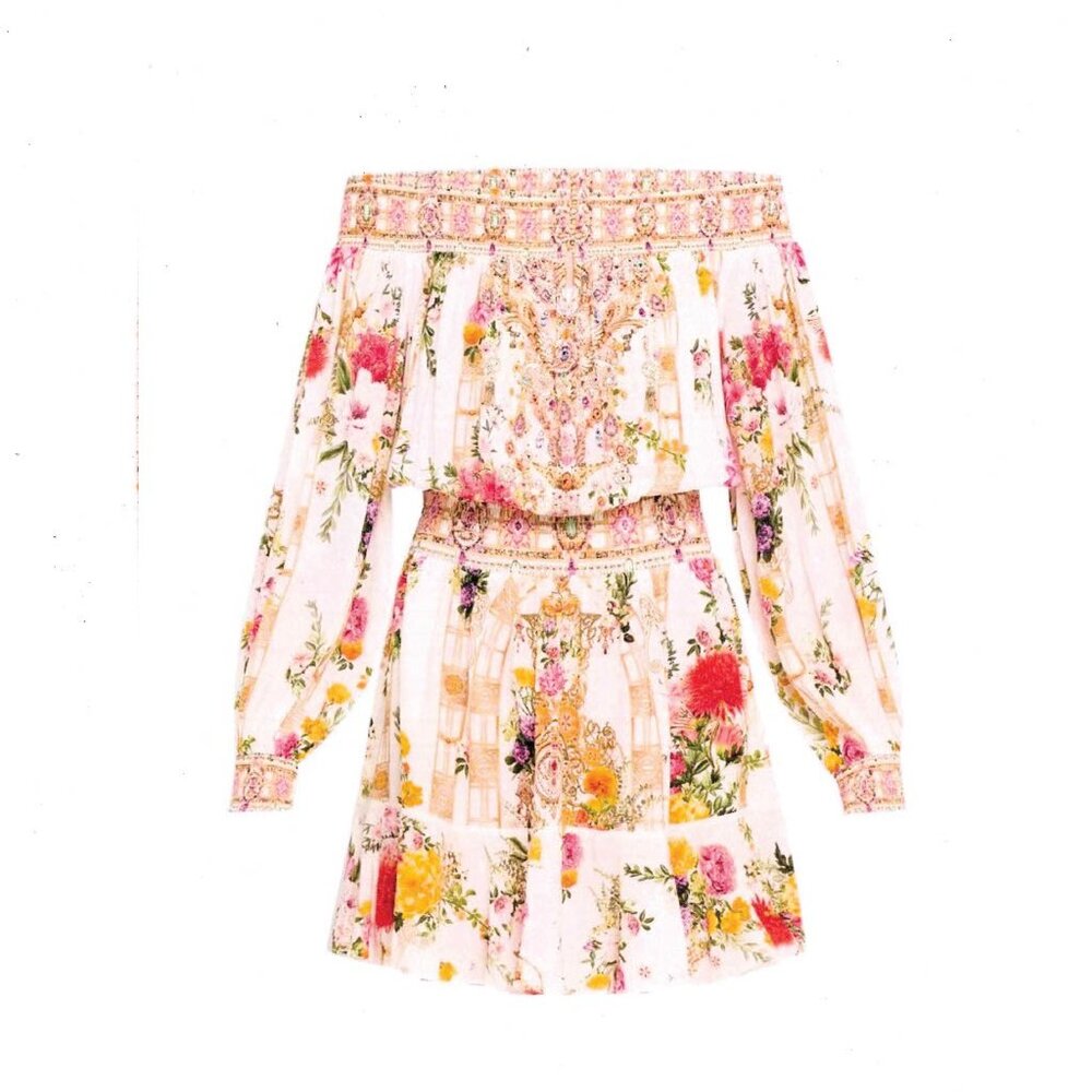 Camilla Off the Shoulder 100% silk dress size Small Egyptian Rose